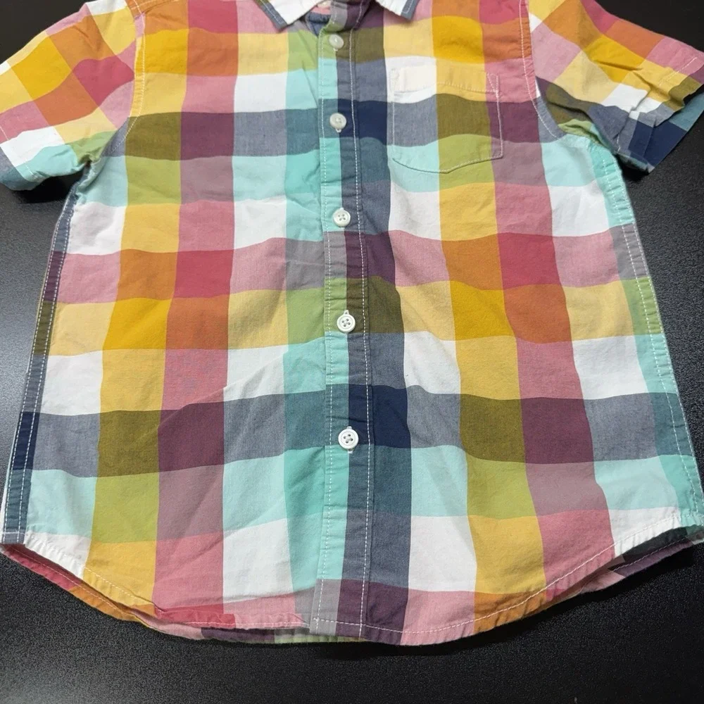 Gymboree Boys Rock Yellow‎ Blue Magenta Checkered Shirt Size S 5/6 Short Sleeve